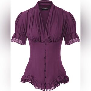 Chic Dark Purple Blouse with Lace Trim
